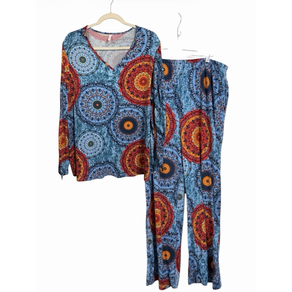 Syoss Women’s Sz 2XL Blue Boho Print Floral Top And Bottom Pajama Lounge Set